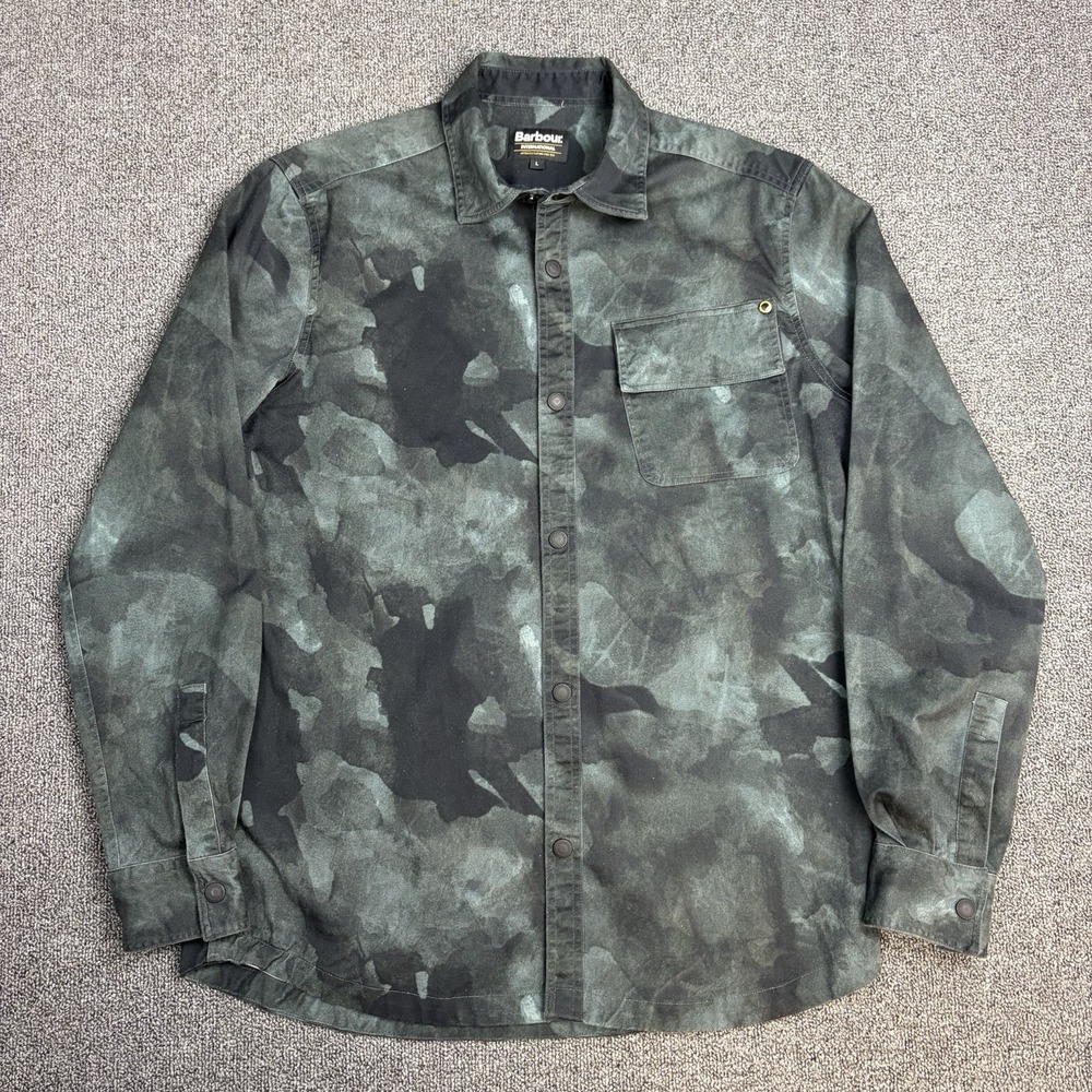 Barbour International Smoke Over Shirt Mens L Large Grey Black Camo Snap Button